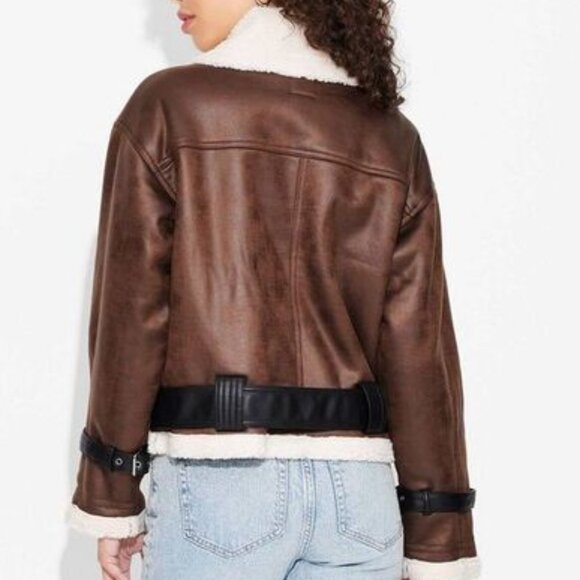 NWT Wild Fable Brown Faux Leather Sherpa Aviator Jacket Women’s Size Small - Picture 3 of 9